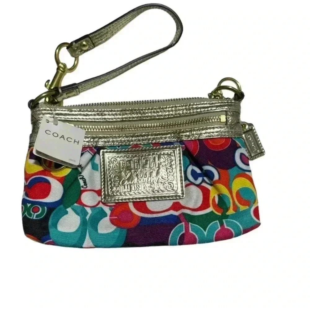 Coach Poppy Multicolor Monogram Canvas Gold Leather Accents wristlet